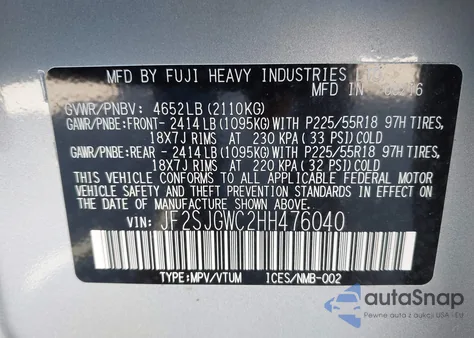 2017 Subaru Forester 2.0Xt Touring from USA, damaged, VIN JF2SJGWC2HH476040